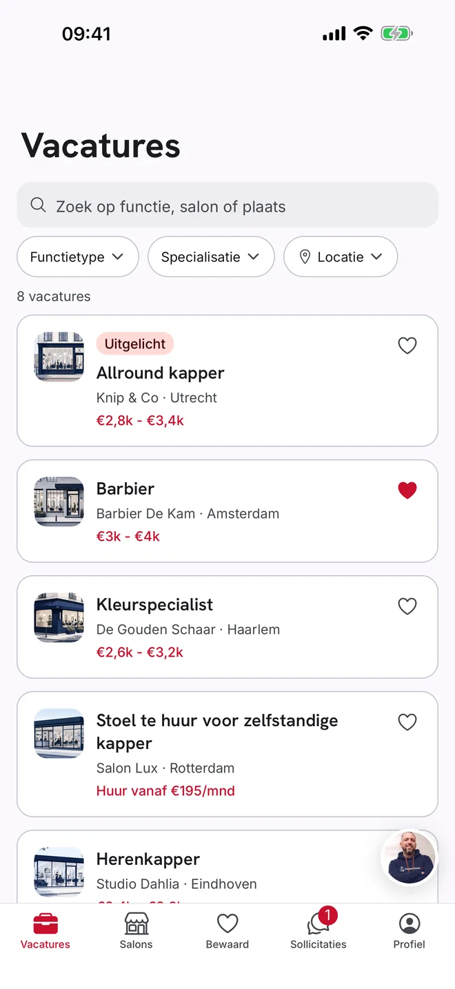 De vacaturelijst in de Kappersbaan-app, met zoekveld en filters